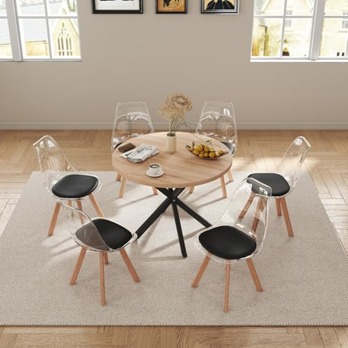 GrandCA HOME Mesa de Comedor con 6 Sillas, Mesa Redonda de 100 CM, Silla de Cocina Tapizada Transparente, Conjunto de Mesa y Sillas de Comedor (Claro + Negro)