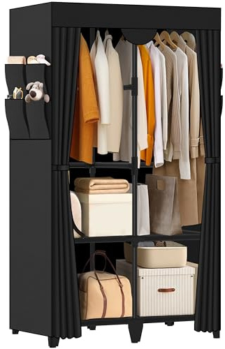 Jofuler Wardrobe Closet, Quick and Easy Assembly, Black Portable Closet with 2 Hanging Rods 4 Storage Shelves and 8 Side Pockets, Sturdy and Stable Clothes Rack with Cover, for Bedroom and Dormitory