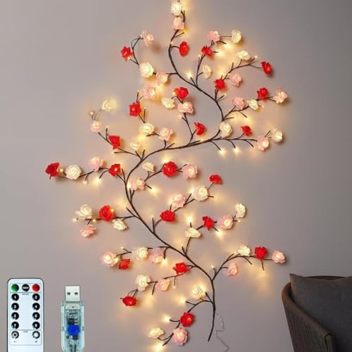 2,3M Rose LED-Baum Zweig Lichter für Wand, Rose Blossom Willow Vine Branch Room Decor Geschenk, flexible DIY Design, mit 144 LED-Leuchten und Fernbedienung, 8 Beleuchtungsmodi, für Wanddekoration