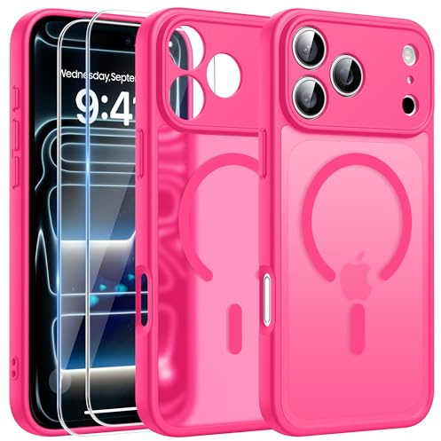 FLLAO 3 in 1 Magnetic Case for iPhone 17 Pro with 2X HD Screen Protector, Compatible with MagSafe, Slim Shockproof Military-Grade Drop Protection, Translucent Matte Hard Back Bumper Cover, Rose