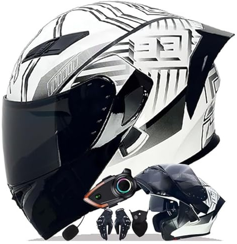 QJWMatic Casco De Motocicleta Modular Integral con Bluetooth Integrado Y Visera Doble, Homologado ECE para Hombres Y Mujeres D,XL59-60CM