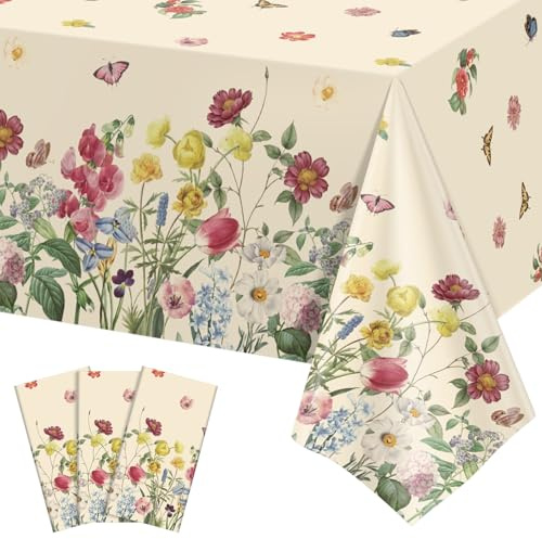 3 Pack Spring Floral Plastic Tablecloths, 54×108Inch Tea Party Tablecloth Rectangle Vintage Table Cloth Butterfly Wildflower Porcelain Table Decor for Easter Mother's Day Birthday Garden Wedding