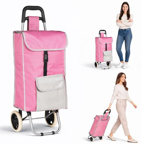 BAKAJI Carrello spesa Trolley porta tutto ZEUS con Vano Termico e Tasca Esterna Portaoggetti, Carrellino Portaspesa con Borsa Termica Integrata e Ruote Silenziose in EVA, 35 x 30 x 90 cm, (Rosa)