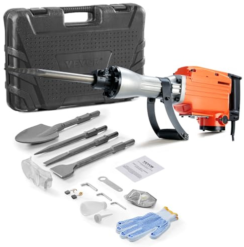 VEVOR Marteau de Démolition Électrique, 2200 W, 1350 BPM, Marteau Piqueur pour Béton, avec 4 Burins, Gants et Coffret, pour Béton, Pierre, Brique, Asphalte, Poignée Frontale Pivotante à 360°