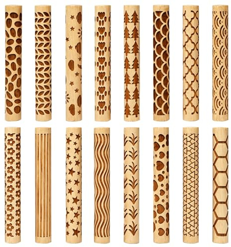 Sixfolo 16 Pcs Rouleau a Texture en Bois pour Argile,10x1.5cm | Rouleau Decoratif à Motif en Poterie,Petit Rouleau Pâtisserie Texturé avec 16 Motifs Différents pour Outils de Céramique