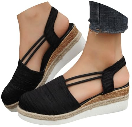 Closed Sandals Women's Wedge Heel - Platform Espadrilles Wedge Sandals with Arch Support Straw Sandals Summer Slip-On Shoes Casual Shoes with Elastic Ankle Strap Beach Sandals, black, 4 UK