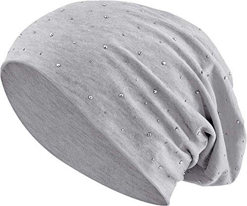 Jersey Baumwolle elastisches Long Slouch Beanie Unisex Herren Damen mit Strass Stern Steinen Mütze Heather in 35 (7) (Heather Light Grey)