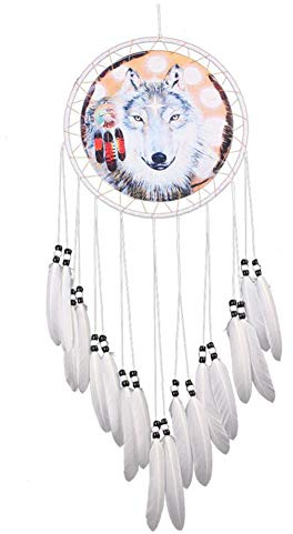 Malicosmile Wolf Traumfänger, handgefertigt, weiße Federn, Traumfänger, Geschenk, Wanddekoration, Traumfänger
