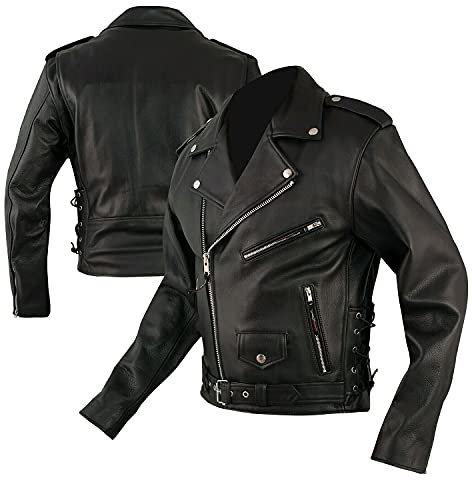 Giacca modello chiodo di pelle in stile moto custom vintage con protezioni removibili (XL)