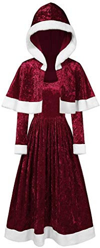 Lazzboy Frohe Weihnachten Samt Langarm O-neck Festival Kleid Und Kapuzenumhang Weihnachtsmann Kostüm Cosplay Für Erwachsene(Wein,L)