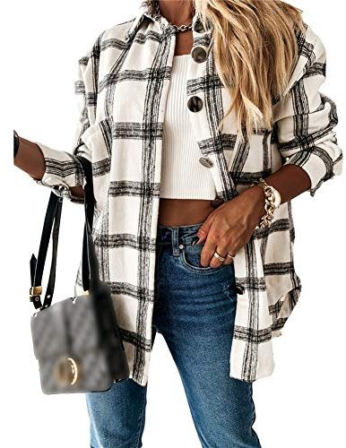 L&ieserram Surchemise Femme Veste à Carreaux Chemise Décontracté Oversized Chemisier Blouse Femme (Blanc, L)