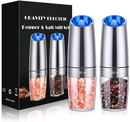 Sweet Alice Gravity Electric Pepper Grinder, Salt and Pepper Mill & Adjustable Coarseness, Battery Powered with LED Light, One Hand Automatic Operation, Stainless Steel (Black) (Set/Silver) (546)