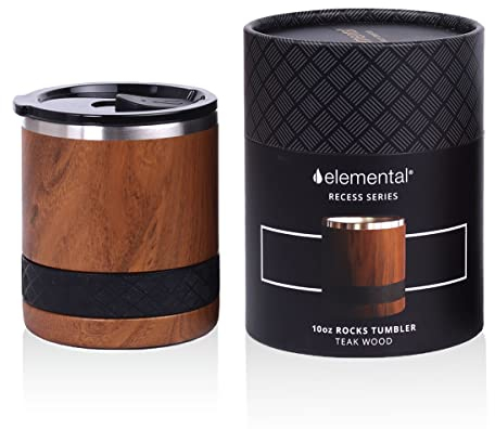 Elemental Lowball Insulated Tumbler - 300 ml Coffee Mug - Stainless Steel Travel Mug - Triple Wall Coffee Cup Travel Mug - Non-Shattered Tritan Lid - Whiskey Glass - Teak Wood