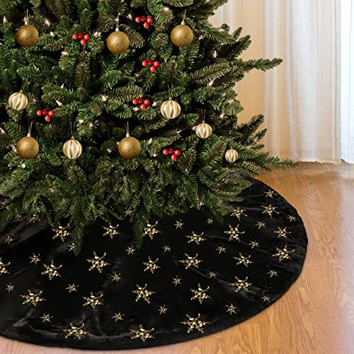 DecroXmas Gonna per Albero di Natale 122 cm in Ecopelliccia Nera e Fiocco di Neve con Glitter Dorati Tappetino per Albero di Natale Decorazione per la Festa di Capodanno