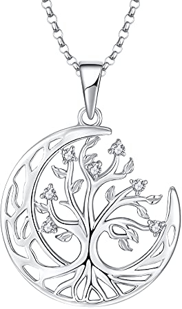 JO WISDOM Collier Arbre de la Vie Argent 925/1000 Femme,Pendentif Lune avec 3A Oxyde de Zirconium