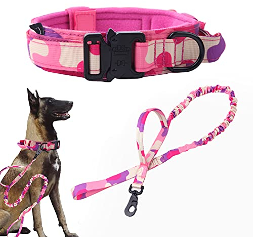 Taktisches Hundehalsband und Leine, Set, taktisches Hundehalsband mit Griff, Bungee-Leine, verstellbar, militärisches Training, Leine, Set mit Kontrollgriff und Metallschnalle (Rosa Camo L)