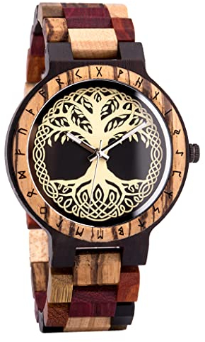 YCYR Wikinger Baum des Lebens Holzuhr, Herren Nordische Mythologie Yggdrasil Rune Quarzuhren, Handgefertigte Vintage Verstellbare Armband Schmuck Geschenk,Braun