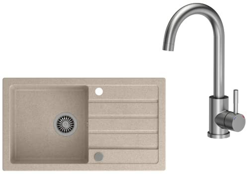 VBChome Spülbecken mit Armatur 77 x 44 cm Beige Spüle Einzelbecken Küche Einbauspüle Verbundspüle Küchenspüle gesprenkelt flächenbündig Siphon Waschbecken