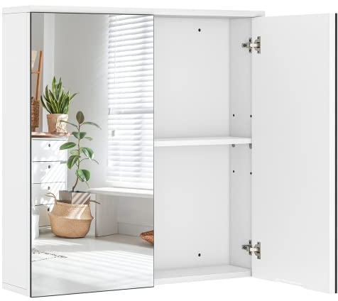 Yaheetech Armario de Baño con Espejo Armario Colgante de Pared con 2 Puertas y Estante Ajustable Moderno para Dormitorio Salón 63x15x65 cm Blanco