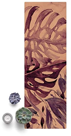 Kork-Teppich - Aquarell Tropische Blätter mit Monstera in Aubergine - Panorama Hoch 3:1, 100cm x 300cm, Material: Kork