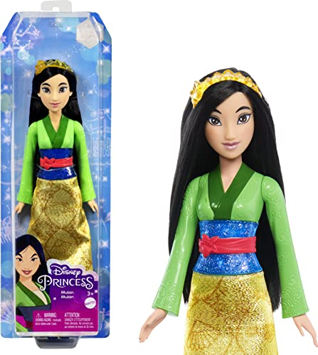 Mattel Disney Prinzessin-Spielzeug, bewegliche Mulan-Modepuppe mit glitzernder Kleidung und Accessoires, inspiriert vom Disney-Film, Geschenk für Kinder, HLW14
