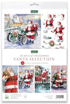 Katy Sue Santa Selection Die-Cut Decoupage Sheets. A Pack of 12 A4 Sheets of Father Christmas & Santa Claus Die-Cuts for Christmas Card Making Supplies