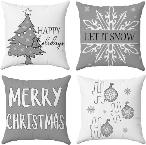 Hangood 4 Stück Kissenbezug Weihnachten Deko Kissenhülle Dekorative Dekokissen Sofakissen Bezug für Sofa Schlafzimmer 20x20 Zoll 50cm x 50cm Graue Schneeflocke