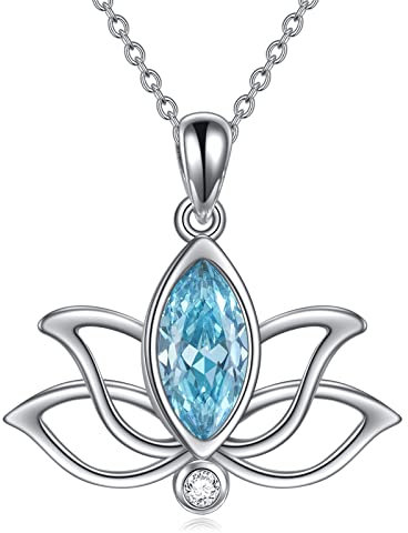 YFN Geburtstein Lotos Halskette Sterling Silber Lotus Anhänger Schmuck Mütter Tag Geburtstag Geschenke für Damen Mädchen (C.Blau-March-Aquamarin)