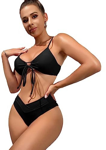 TTPSRY Maillots de Bain 2 Pièces pour Femme Bikini Réglable Ficelle de Cravate Triangle Bikini Push-Up Rembourré Ensemble (Noir/L)