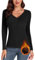 WOWENY Damen Oberteil Thermo Langarm Winter Langarmshirts Thermohemd mit Spitze V-Ausschnitt Warme Unterhemd Elegant Shirt Tshirts,Langarm-Schwarz,S