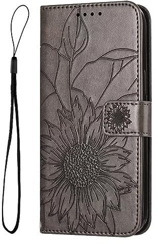TUUNKMUY for iPhone 6/7/8 Plus Leather Wallet Case, Shockproof Flip Cover Embossed Sunflower with Card Holders, Stand and Wrist Strap Magnetic Protective Case for iPhone 6/7/8 Plus,grey