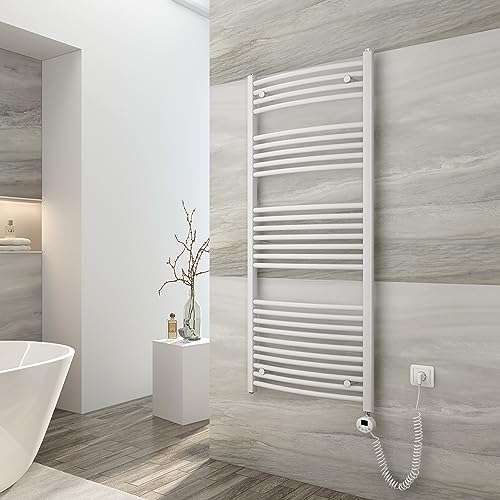 EMKE Badheizkörper Elektrisch 140x60 cm, Gebogen Handtuchheizkörper Elektrisch mit Thermostat, Handtuchtrockner Handtuchwärmer mit Timer Weiß 600 Watt