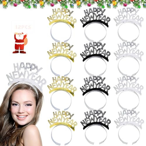 Silvester Haarreif, 12 Stück Happy New Year Haarreif Silvester Deko Haarreif, Glitzer Haarreif Silvesterdeko Foto Requisite Silvester Kopfschmuck, New Year Decoration Zubehör Für Kinder Erwachsene