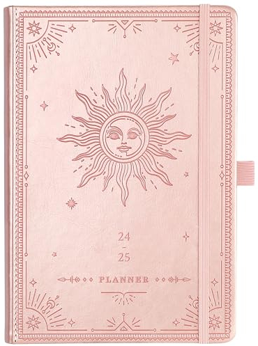 Academic Diary 2024-2025 - Diary 2024-2025 Week to View, July 2024 - June 2025, Premium Leather Cover, Gold Stamp, Accordion Pocket, Gift Box, 25 Note Pages, Pink
