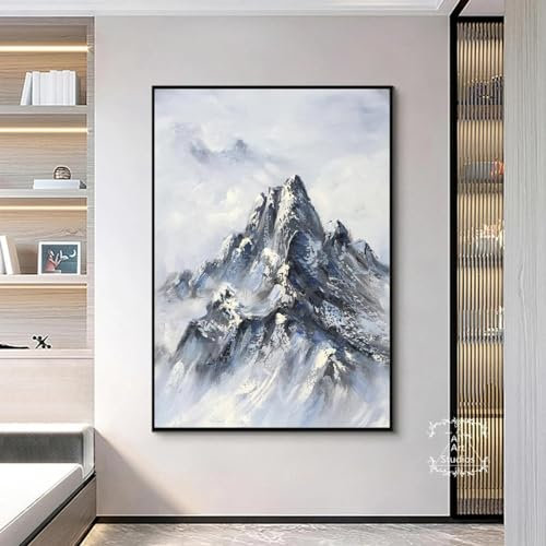 ZHMANLUCK Winter-Schnee-Berge, große Landschaft, gerahmte Leinwandmalerei, Landschaftsgemälde, graue und weiße abstrakte Wandkunst, 40 x 60 cm (16 x 24 Zoll) mit schwarzem Rahmen