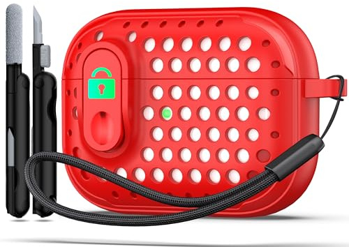 RFUNGUANGO Kompatibel mit Airpod Pro Hülle (2023/2022/2019) mit Schloss, leistungsstarker Fallschutz, personalisierter Hohlstil Kompatibel mit Airpods Pro 2. Generation,Rot