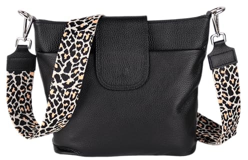 MIRROSI® Umhängetasche Damen, Echtleder, Made in Italy, BOHO Style30x24,50x9cm (BXHXT) viel Stauraum, Handtasche, Brusttasche, Crossbody Bag (1 Tasche & 2 Gurte) (Schwarz (Leopard))