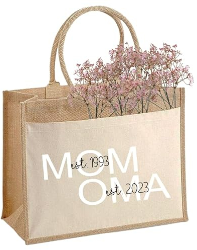 MOM-OMA Jute-Tasche mit deinen Initialien personalisiert Mama Oma Nachhaltige Jute-Tasche Geschenk-Tasche Beutel Einkaufstasche aus 100% und Baumwolle