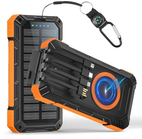 Solar Power Bank 46800mAh, Wireless Powerbank Schnelles QC 22.5 & USB C PD 20W, Wasserdichtes Solarladegerät Akkupack mit 4 Kabeln, Taschenlampe, Karabiner, Kompass, für Handy Tablets Camping Outdoor