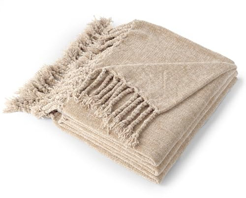 BATTILO HOME Beige Throw Blanket for Sofa Bed Couch Chair, Chenille Knit Throw Blanket, Soft Warm Cozy Decorative Beige Sofa Throw, Bed Blanket, 130×150cm