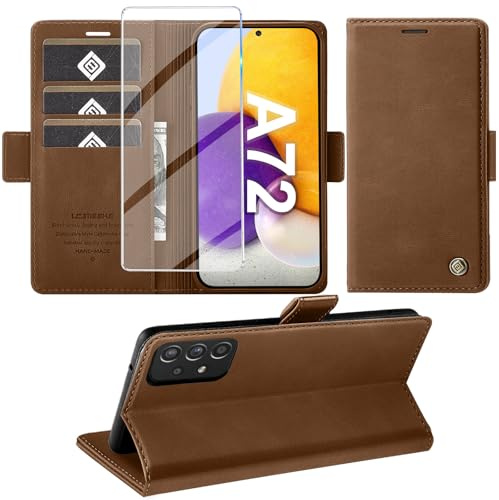 Giyer Handyhülle für Samsung Galaxy A72 Hülle mit Schutzfolie, Schutzhülle Galaxy A72 PU Leder Wallet Flip Case Standfunktion Kartenfach Klapphülle für Samsung A72 Cover Tasche (Braun)
