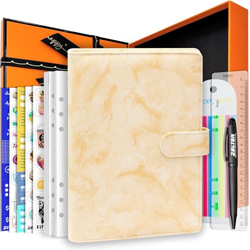 Zelten PU Leather Personal Notebook Planner with 67 Pages Loose-Leaf Papers 6 Holes Ring Binder Pen Holder Magnetic Buckle (Yellow Marble,A5 Gift Box)