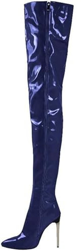 Stivali alti fino alla coscia da donna, taglie forti, stivali sopra il ginocchio in PU artificiale, scarpe da ballo da donna, stivali alti fino al ginocchio da donna con cerniera laterale,Blu,47