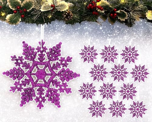12pk Glitter Snowflake Hanging Decorations, Christmas Tree Snowflake Baubles/Ornaments (Dk Purple)