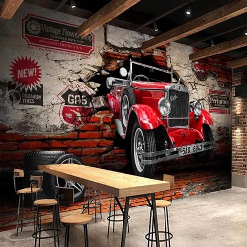 Kitquiver 3D Voiture Rétro Papier Peint 3D Papier Peint Mural À Motif De Brique Rouge, Décoration Effet 3D, Papier Peint Pour Salon Et Chambre À Coucher 250x175cm