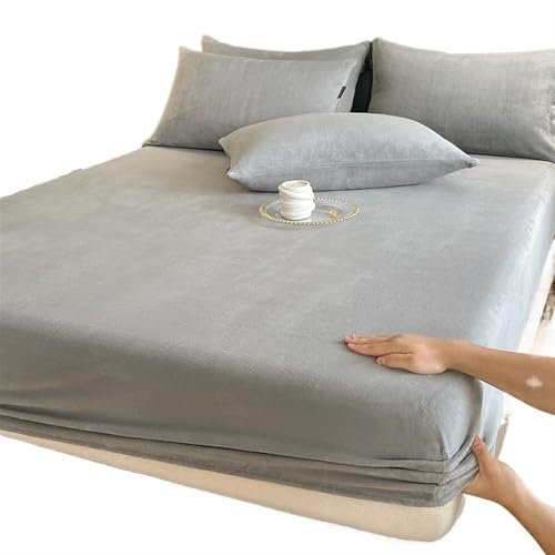 Drap-Housse Peluche Drap-housse élastique chaud et épais en flanelle de couleur unie, housse de matelas d'hiver réglable, linge de lit en velours, tailles 90/160/180/200 Drap Housse Hiver(Light Grey,1