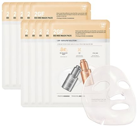 EGF FGF Biocellulose Gel Face Mask (10 PPM) 2GF Bio Mix Mask Pack Firming Anti-Aging Skin Renewal Moisturising Korean Skin Care (Pack of 10)