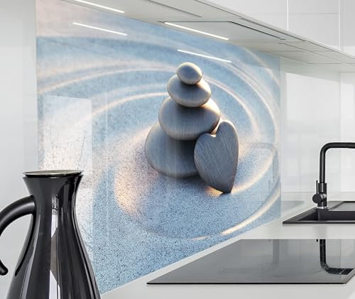 timalo Spritzschutz Wand für Herd, Küche Küchenrückwand Glasoptik | Acryl Glas 2mm | Glasrückwand Acrylglas Wandpaneele Rückwandschutz Platte | 60x40cm Steine im Sand Strand Herz