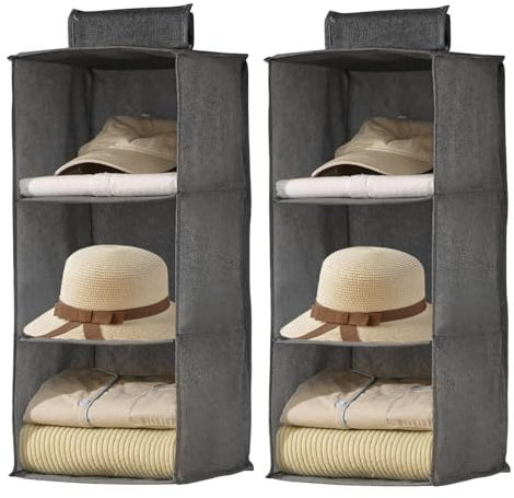Minnhua 2PCS Storage Wardrobe Organiser with 3 Shelves - Hanging Closet Organizer for Clothes, Garments, Hats and Bags - Foldable Grey Storage