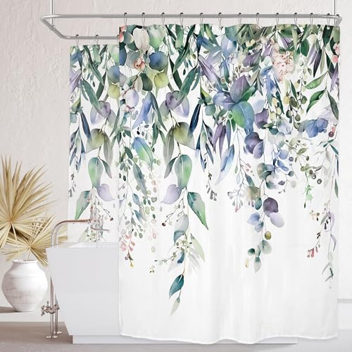 Riyidecor Clawfoot Tub Duschvorhang, extra breit, rund, für Badezimmer, Dekoration, 180 x 70 cm, Eukalyptus-Pflanzen, Kunstdruck, Polyester, wasserdicht, 32 Stück, Kunststoff
